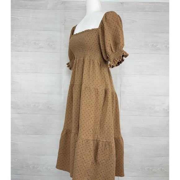 OPT Tiered Babydoll Midi Dress M Puff Sleeve Square Neck Smocked Polka Dot Gauze - Picture 5 of 13